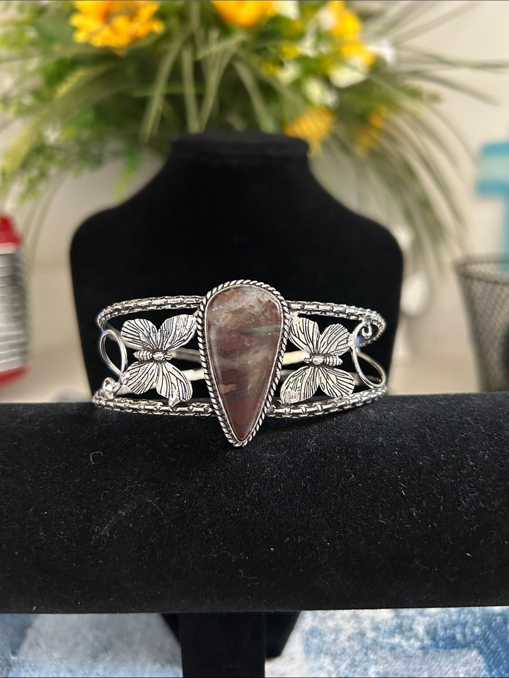 Sterling Silver Crazy Lace Agate Gemstone Cuff Bracelet- Adjustable